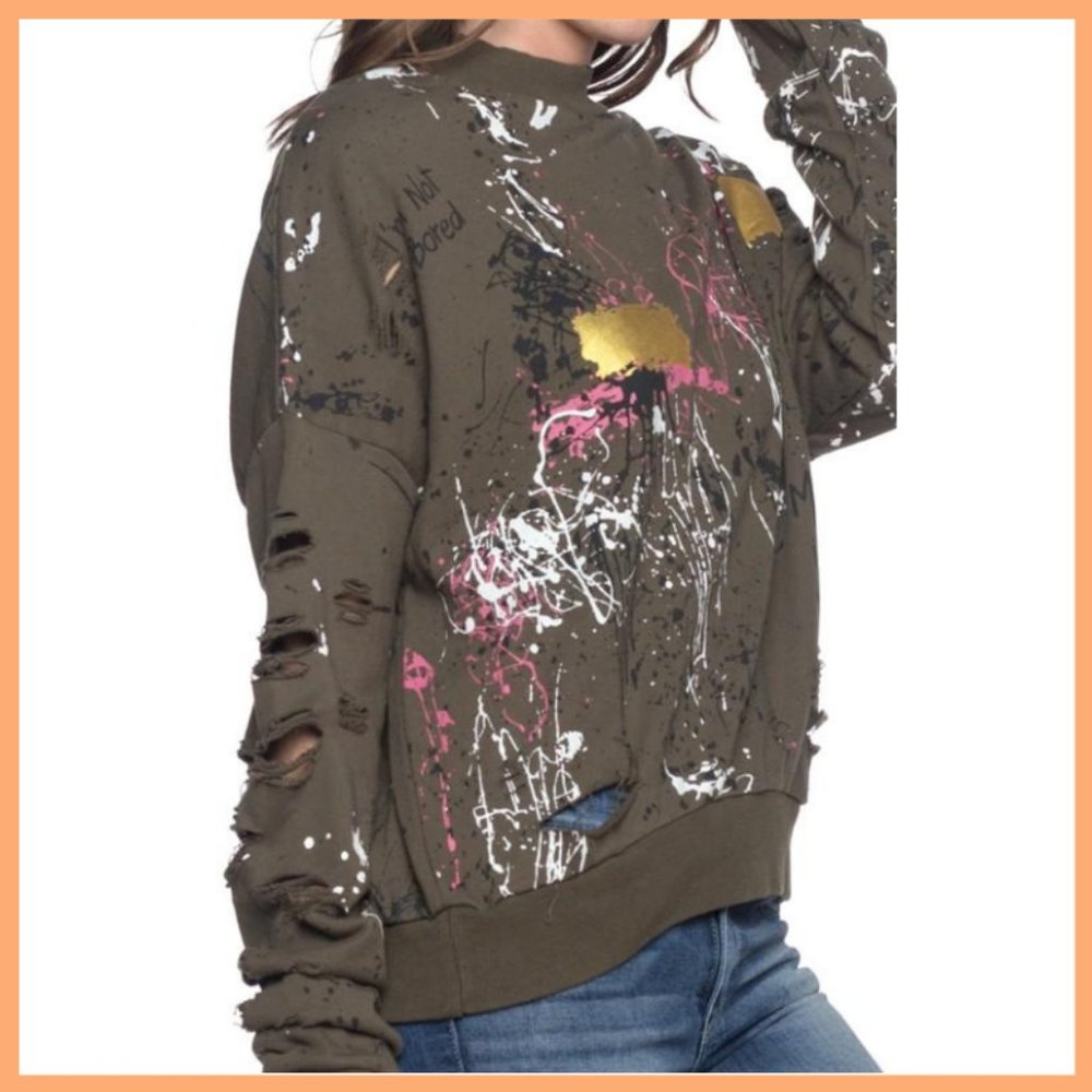 NWT Distressed Painted Sweatshirt (OIive Green) - Picture 1 of 4